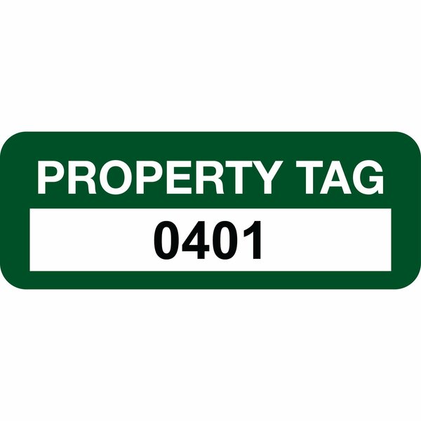 Lustre-Cal Property ID Label PROPERTY TAG Polyester Green 2in x 0.75in  Serialized 0401-0500, 100PK 253744Pe1G0401